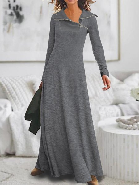 

Plain zipper Lapel Pullover Long Dress Plus Size, Gray, Dresses