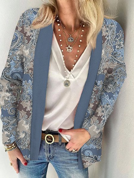 

Paisley vintage pattern stitching plain loose cardigan plus size, Blue, Outerwear