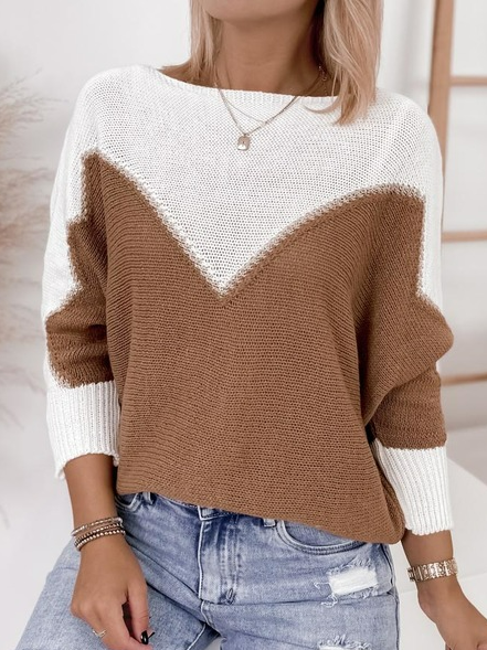

Contrast Panel Casual Loose Long Sleeve Sweater, Khaki, Sweaters