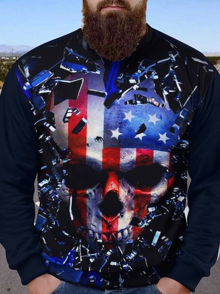

Men Skull American Flag Pattern Loose Crew Neck Casual Sweatshirt, As picture, Hoodies&Sweatshirts