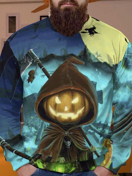 

Men Pumpkin Lamp Witch Moon Pattern Halloween Sweatshirt, As picture, Hoodies&Sweatshirts