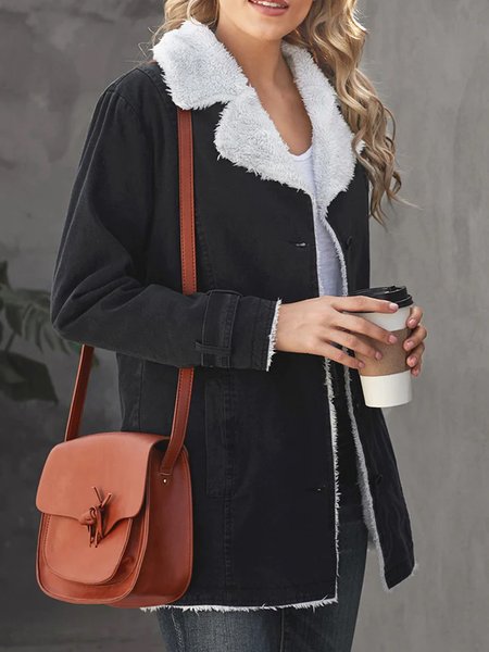 

Plain button contrast color cotton flannel warm work clothes coat plus size, Black-white, Outerwear