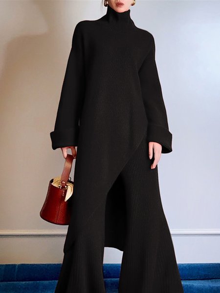 

Long sleeve Plain Turtleneck Loose Sweater, Black, Pullovers