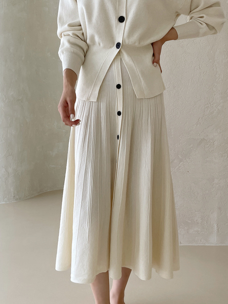 

High Elasticity Loose Plain A-Line Midi Skirt, Apricot, Skirts