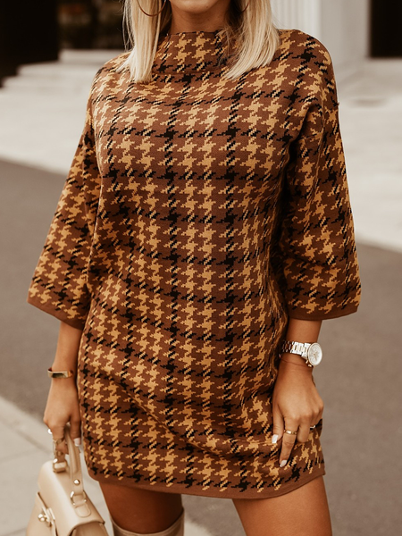 

High Elasticity Loose Stand Collar Houndstooth Dresses, Brown, Mini Dresses