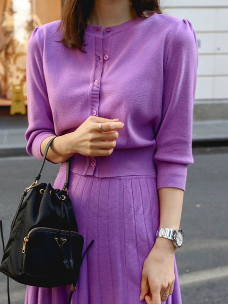 

High Elasticity Plain Loose Crew Neck Long sleeve Sweater Coat, Purple, Cardigans