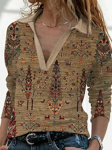 

Ethnic Loose V Neck Casual T-Shirt, Multicolor, Tops