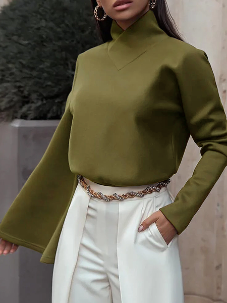 

No Elasticity Regular Fit Stand Collar Long sleeve Blouse, Green, Tops