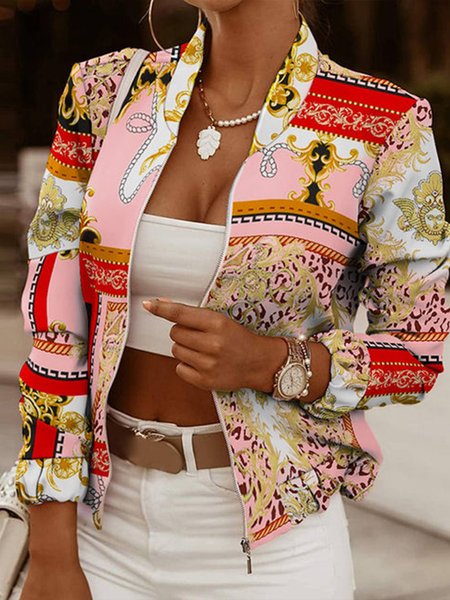 

Long sleeve Stand Collar Color Block Jacket, As picture, Jackets