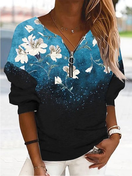 

Floral V Neck Casual Ombre Sweatshirts, Black, Sweatshirts & Hoodies