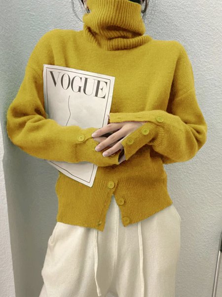 

White Daily Long sleeve Turtleneck Regular Fit Sweater, Yellow, Sweaters