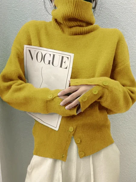

White Daily Long sleeve Turtleneck Regular Fit Sweater, Yellow, Sweaters & Cardigans