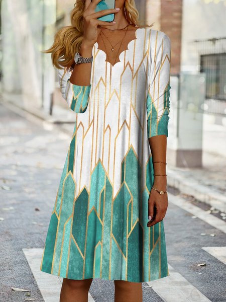 

Contrast geometric V-neck dress, Green, Mini Dresses