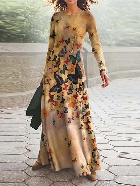 

Butterfly Casual Crew Neck Dresses, Multicolor, Maxi Dresses