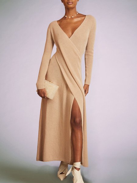 

Long sleeve Regular Fit Plain Elegant Long Dress, Light camel, Maxi Dresses