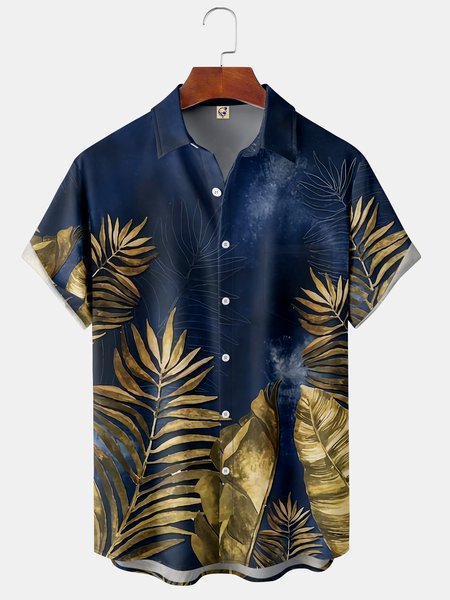 

Gold Palm Leaves Chest Pocket Short Sleeve Hawaiian Shirt, Blue, Men Shirts