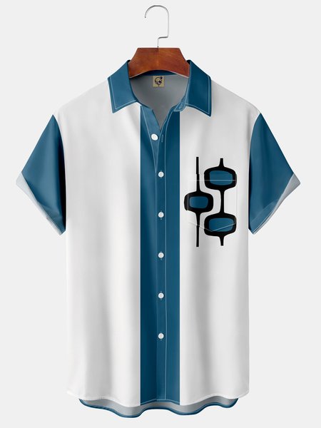 

Contrast Breast Pocket Short Sleeve Shirt Art Collection Lapel Geometric Print Top, Blue, Short Sleeve Shirts