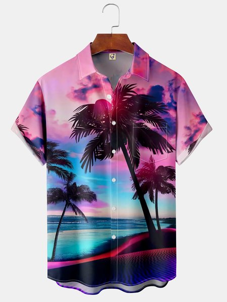 

Aurora Coconut Tree Chest Pocket Short Sleeve Hawaiian Shirt, Red, Men Shirts