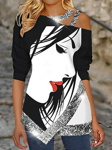 

Crew Neck Abstract Loose Top, Black, Tops