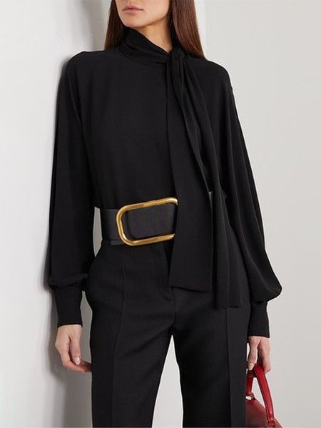 

Long sleeve Plain Stand Collar Blouse, Black, Blouses and Shirts