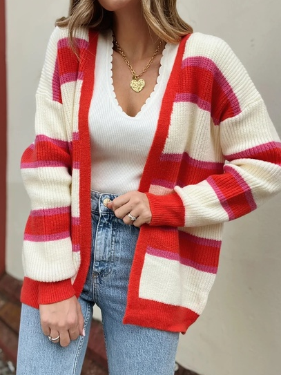 

Casual Red Striped Yarn/Wool Yarn Sweater Coat, Stripe, Cardigans