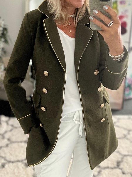 Military green gold trim button loose fabric suit coat, Army green, Blazers