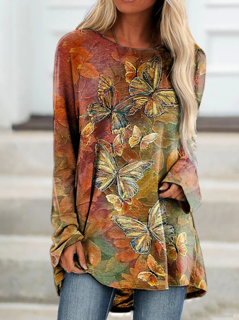 

Crew Neck Butterfly Loose T-Shirt, Multicolor, T-Shirts
