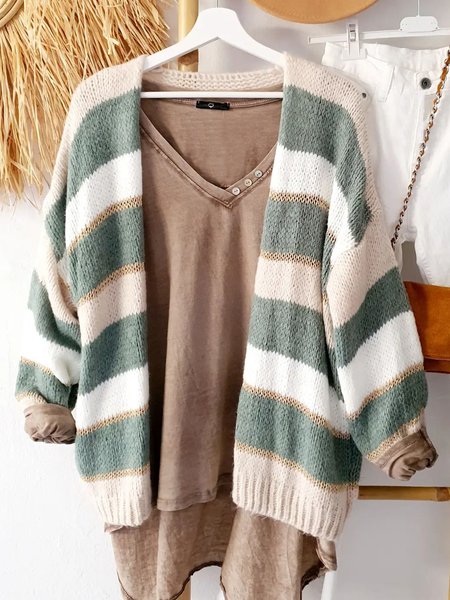 

Plain color patch stripe gold wool cardigan plus size, Multicolor, Cardigans