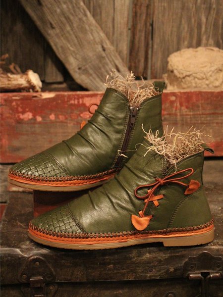 

Distressed Woven Embossed Patchwork Vintage Pleated Boots, Green, Boots