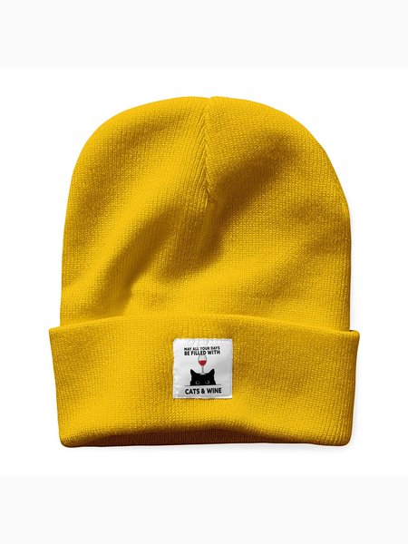 

May Your Day Full Of Cat And Wine Animal Graphic Beanie Hat, Yellow, Hats