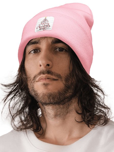 Merry Christmas Tree Holiday Graphic Beanie Hat, Pink, Hats