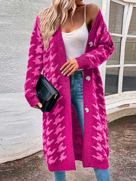 

Urban Loose Houndstooth Sweater Cardigan, Rose red, Cardigans