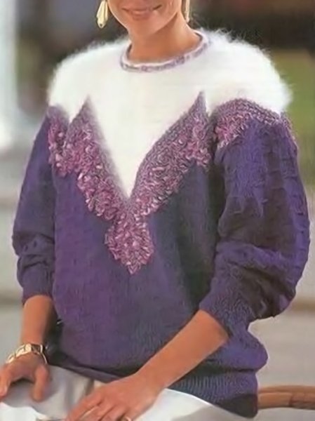 

Yarn/Wool Yarn Color Block Crew Neck Sweater, Purple, Sweaters