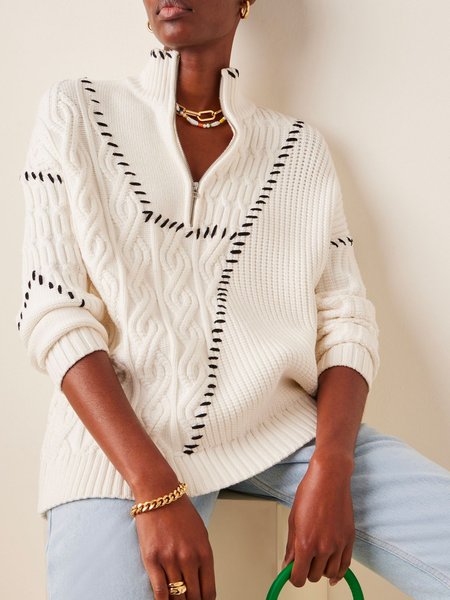 

Urban Zipper Stand Collar Color Block Sweater, White, Pullovers