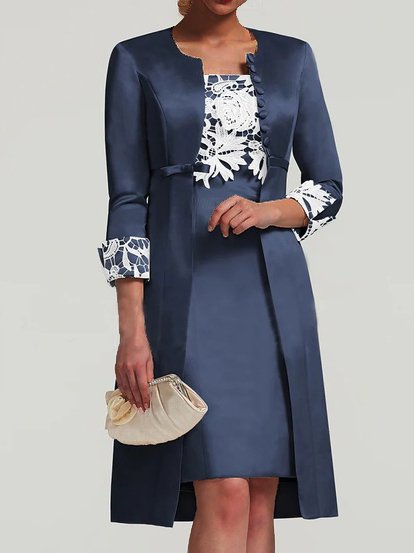 

Lace Elegant Plain Crew Neck Two Piece Sets, Navyblue, Suit Set