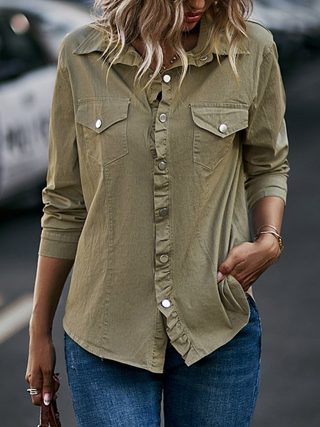 

Plain Casual Regular Fit Shirt Collar Blouse, Army green, Shirts & Blouses