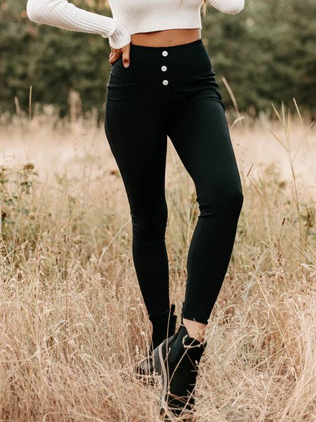 

Plain button elastic waist Leggings, Black, Pants