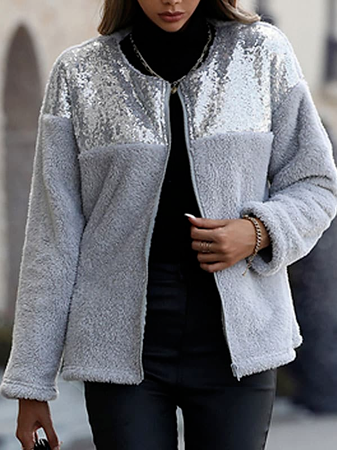 

Glitter Zipper Loose Plain Teddy Jacket, Gray, Jackets