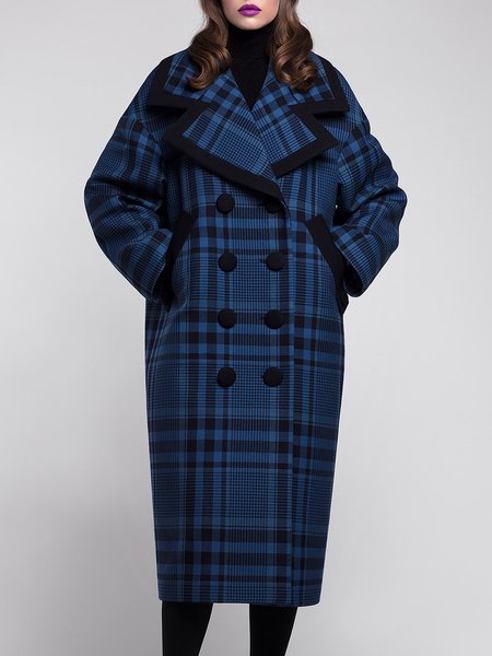

Lapel Collar Plaid Urban Double Breasted Overcoat, Blue, Coats