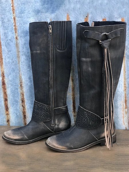 

Vintage Distressed Tassel Cowboy Riding Boots Mid Boots, As picture, Boots