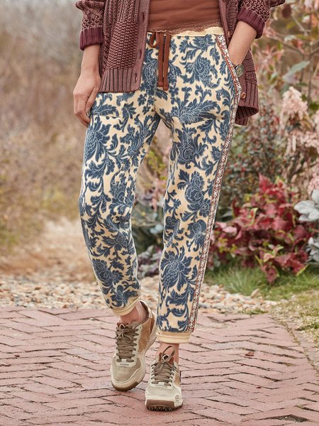 

Boho Ethnic Floral Casual Drawstring Pants, Blue, Pants
