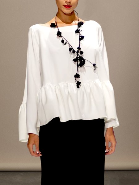

Long sleeve Elegant Loose Crew Neck Blouse, White, Blouses and Shirts