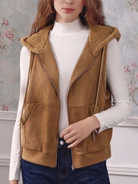 

Suede Faux fur Plain retro hooded zipper warm vest plus size, Camel, Vests & Gilets