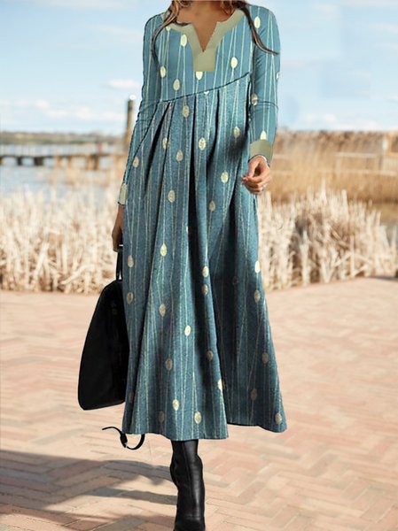 

V neck Midi Casual Polka Dots Dress, Cyan, Dresses