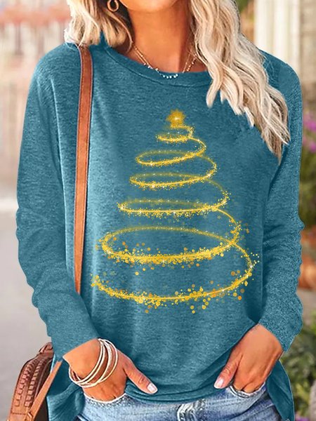 

Womens Christmas Tree Light Crew Neck Casual Tops, Green, Long sleeves