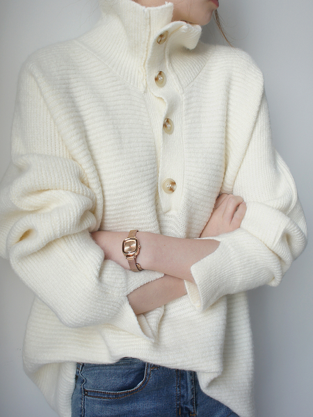 

High Elasticity Loose Stand Collar Long sleeve Plain Sweater, Off white, Pullovers
