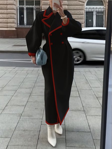 

Daily Long sleeve Lapel Collar Elegant Overcoat, Black, Coats