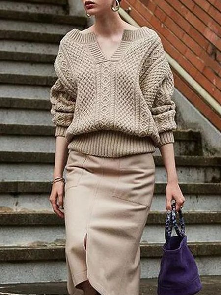 

Long sleeve Urban Loose Plain Sweater, Light brown, Pullovers