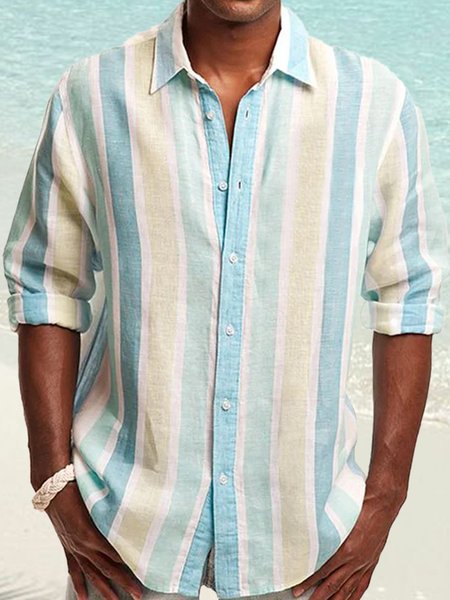 

Cotton Linen Striped Casual Long Sleeve Shirt, As picture, Long Sleeve Shirts