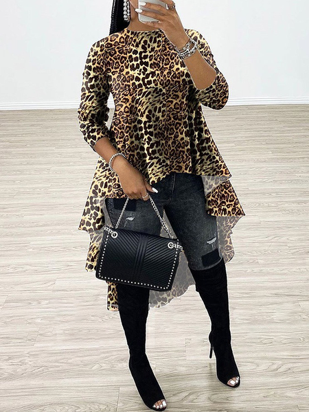 

High Elasticity Crew Neck Long sleeve Loose Mid-long Tops, Leopard, Tops